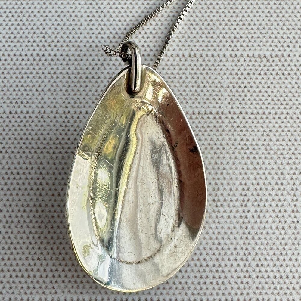 1970s Native American Navajo Turquoise Pendant Necklace, Sterling Silver Leaf - Picture 7 of 8